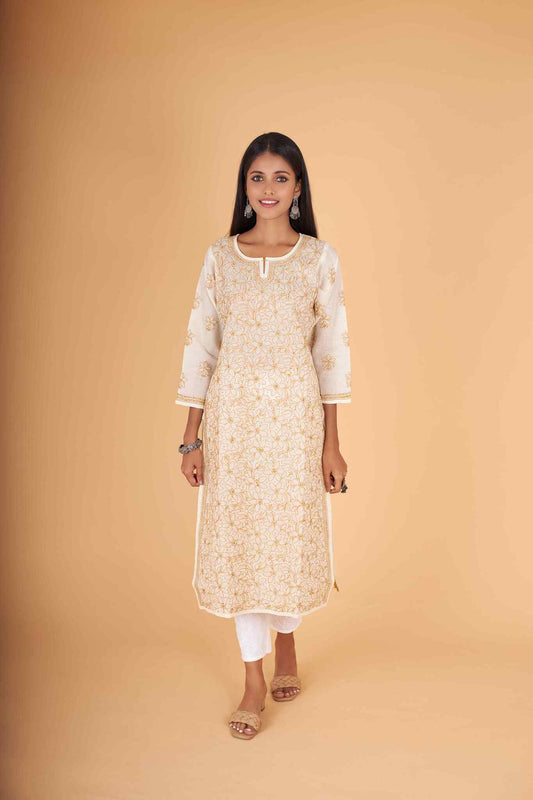 Arsh Handcrafted Fawn Front Jaal Pure Cotton Kurti - arshchikan