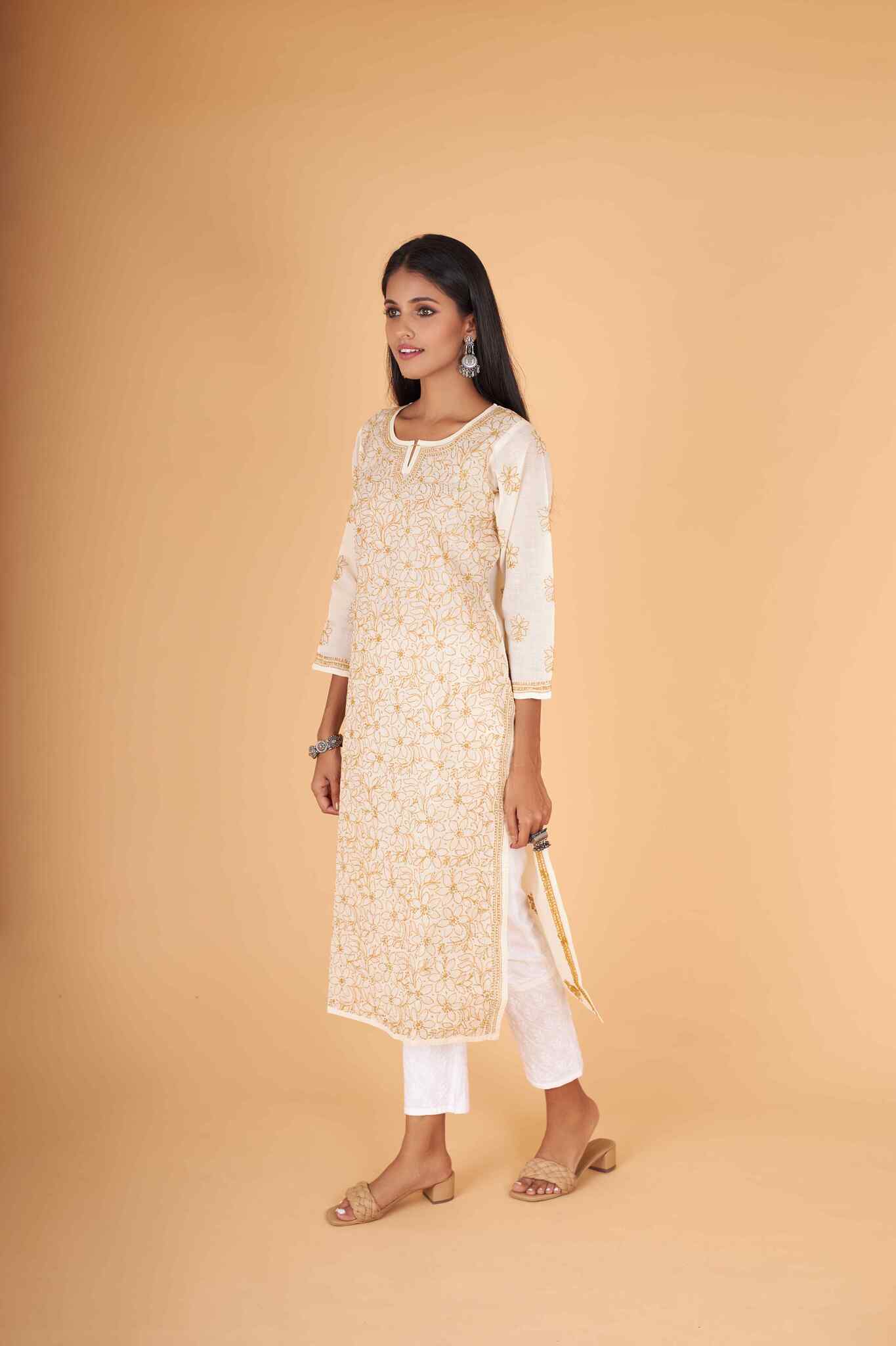 Arsh Handcrafted Fawn Front Jaal Pure Cotton Kurti - arshchikan