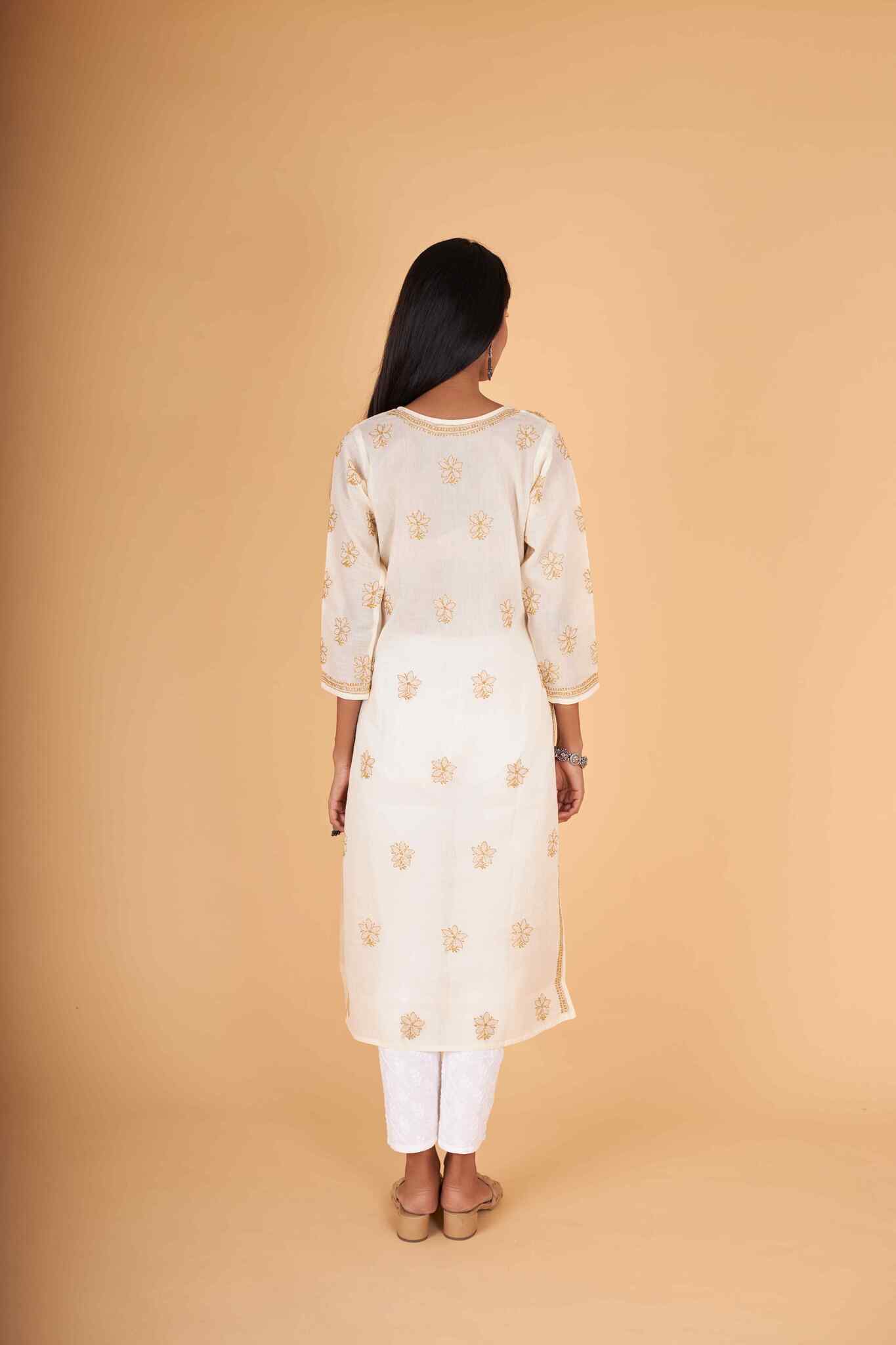 Arsh Handcrafted Fawn Front Jaal Pure Cotton Kurti - arshchikan