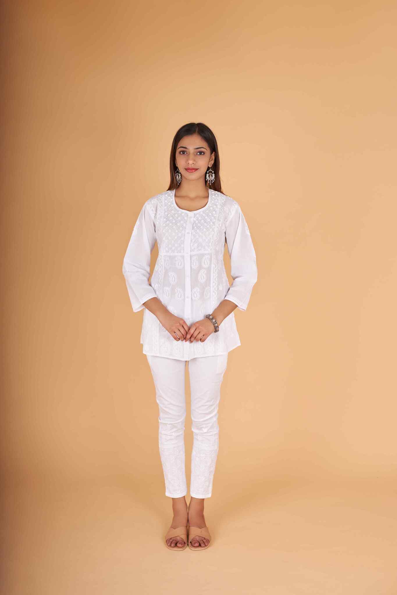 Arsh Handcrafted Pure Cotton Yog Neck Keel Chikan Shirt - arshchikan