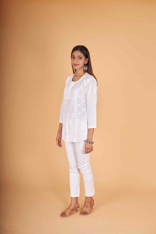 Arsh Handcrafted Pure Cotton Yog Neck Keel Chikan Shirt - arshchikan
