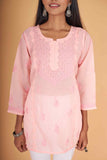 Arsh Handcrafted Peach Pure Cotton Chikankari Daraj Short Top - arshchikan