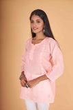 Arsh Handcrafted Peach Pure Cotton Chikankari Daraj Short Top - arshchikan