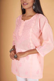 Arsh Handcrafted Peach Pure Cotton Chikankari Daraj Short Top - arshchikan