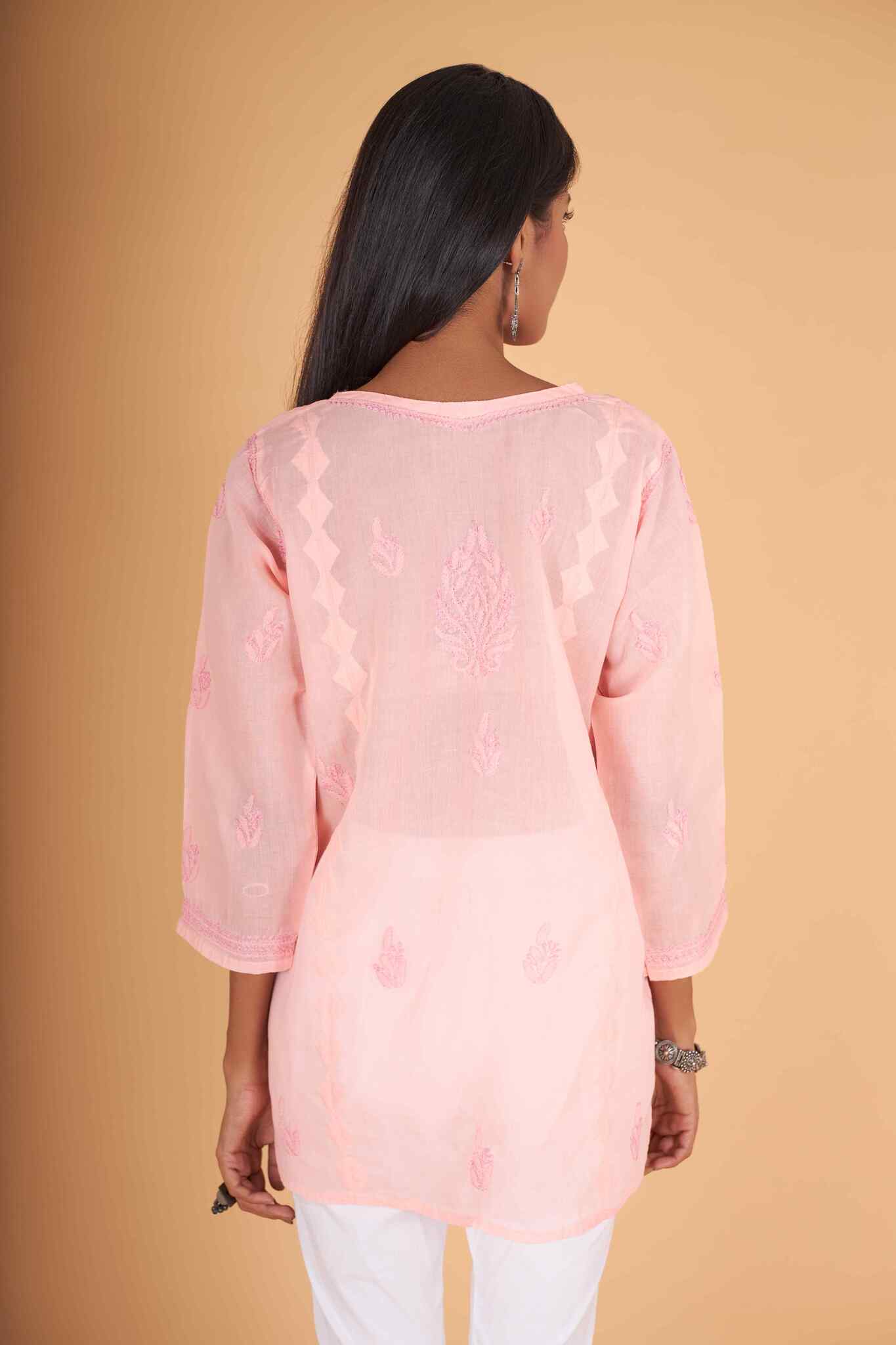 Arsh Handcrafted Peach Pure Cotton Chikankari Daraj Short Top - arshchikan