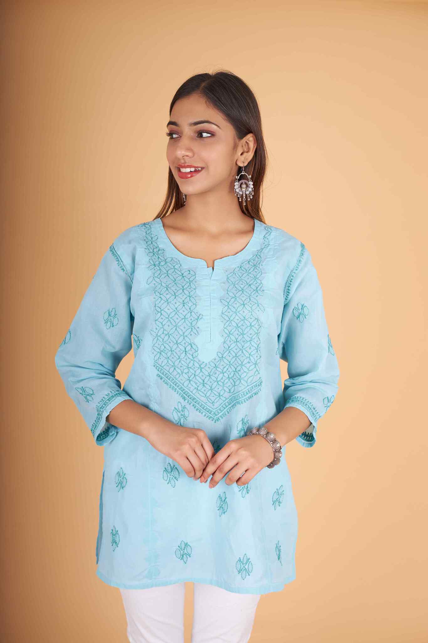 Arsh Handcrafted Blue Pure Cotton Short Top - arshchikan