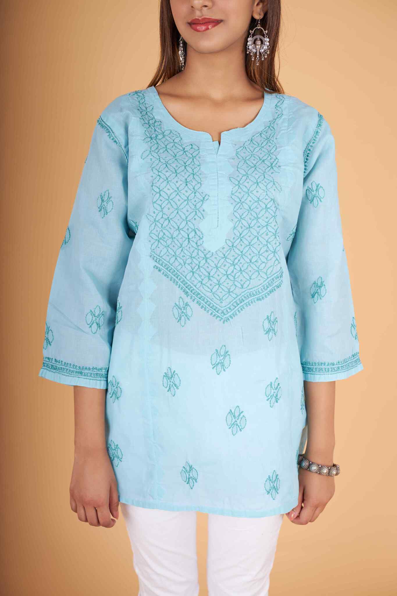 Arsh Handcrafted Blue Pure Cotton Short Top - arshchikan