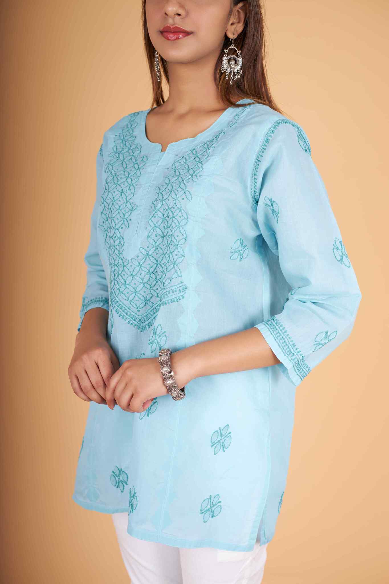Arsh Handcrafted Blue Pure Cotton Short Top - arshchikan