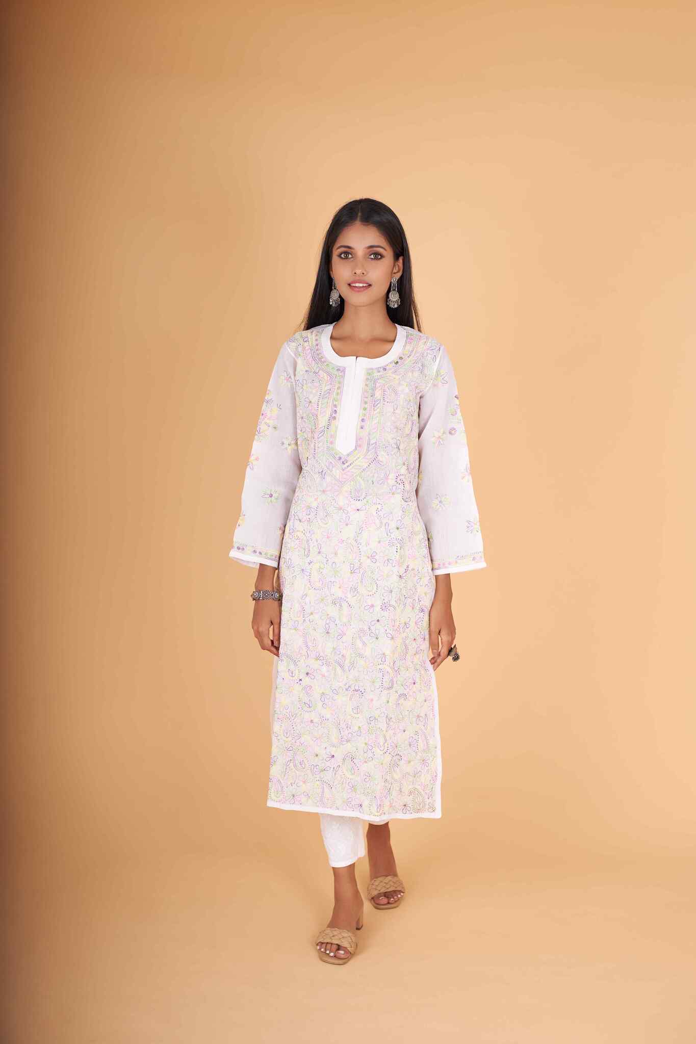 Arsh Handcrafted Multi on White Cotton Kurti - arshchikan