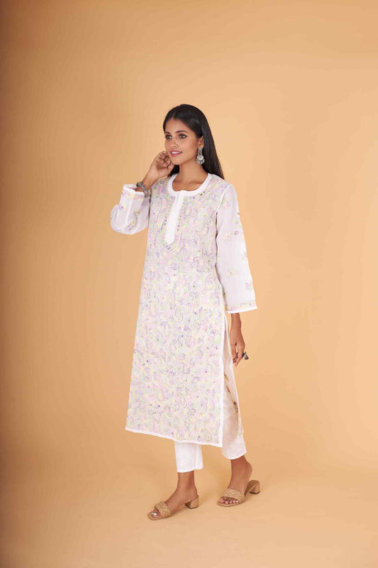 Arsh Handcrafted Multi on White Cotton Kurti - arshchikan