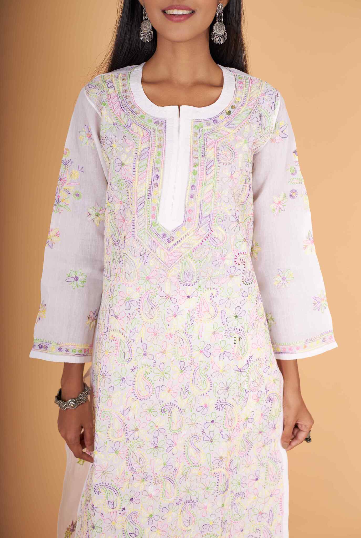 Arsh Handcrafted Multi on White Cotton Kurti - arshchikan