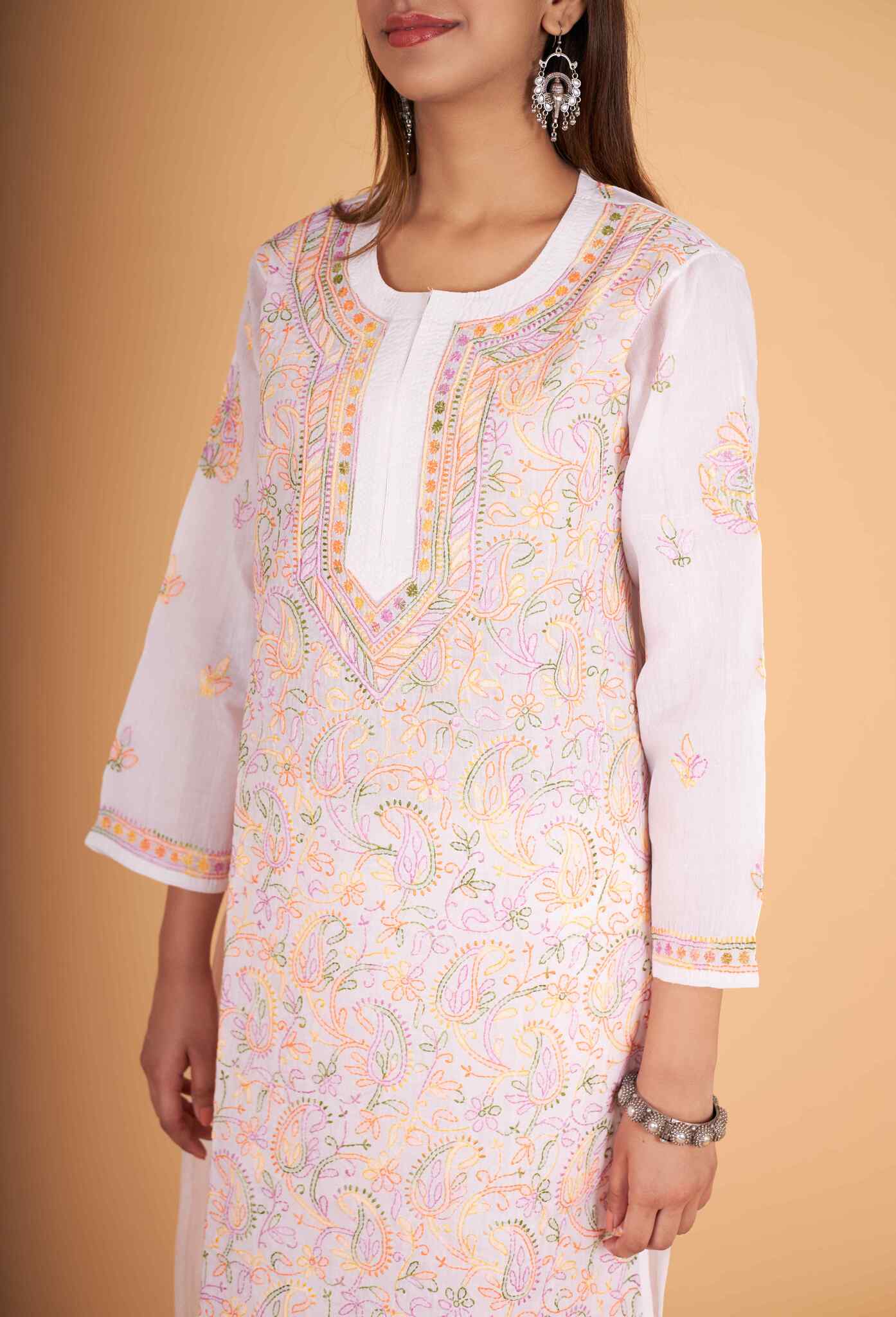 Arsh Handcrafted Multi on White Cotton Kurti - arshchikan