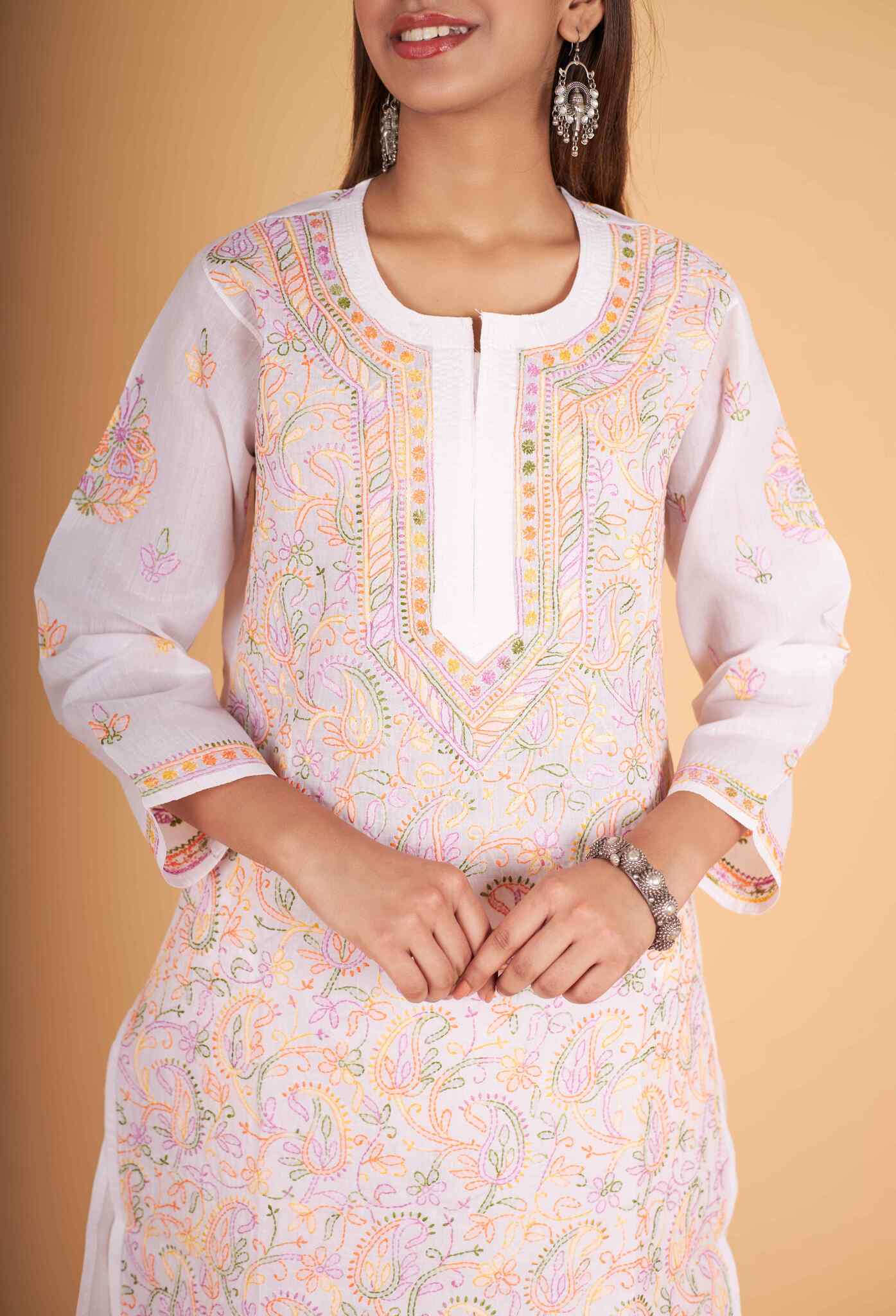 Arsh Handcrafted Multi on White Cotton Kurti - arshchikan