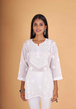 Arsh Handcrafted White Pure Cotton Chikan Short Top - arshchikan