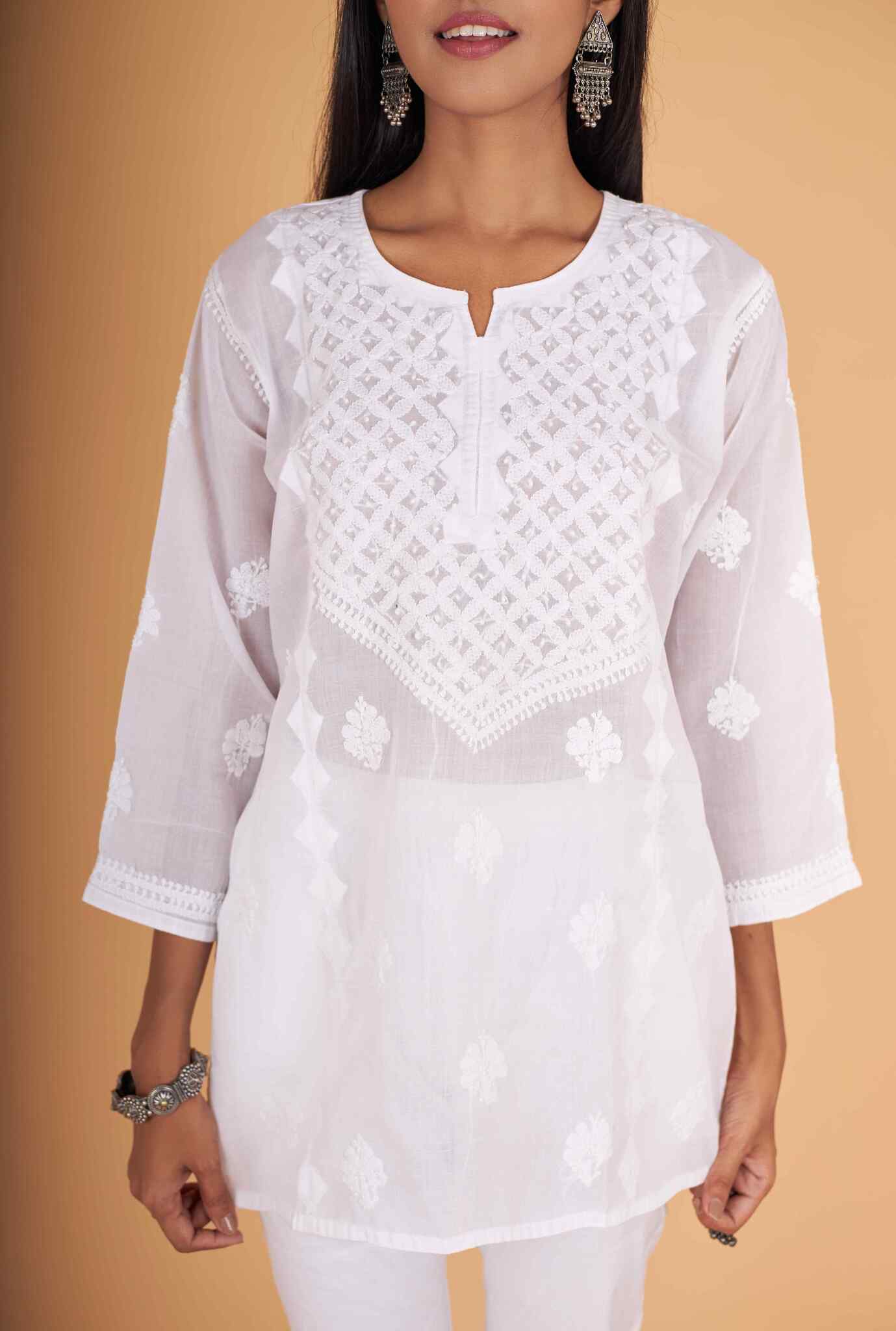 Arsh Handcrafted White Pure Cotton Chikan Short Top - arshchikan