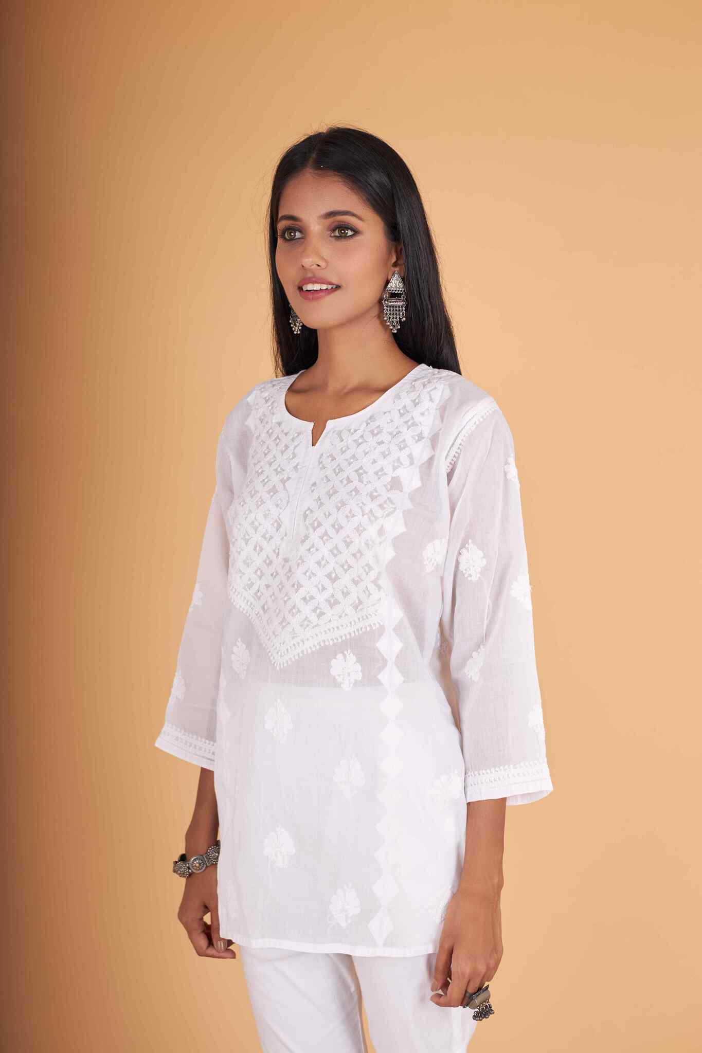 Arsh Handcrafted White Pure Cotton Chikan Short Top - arshchikan