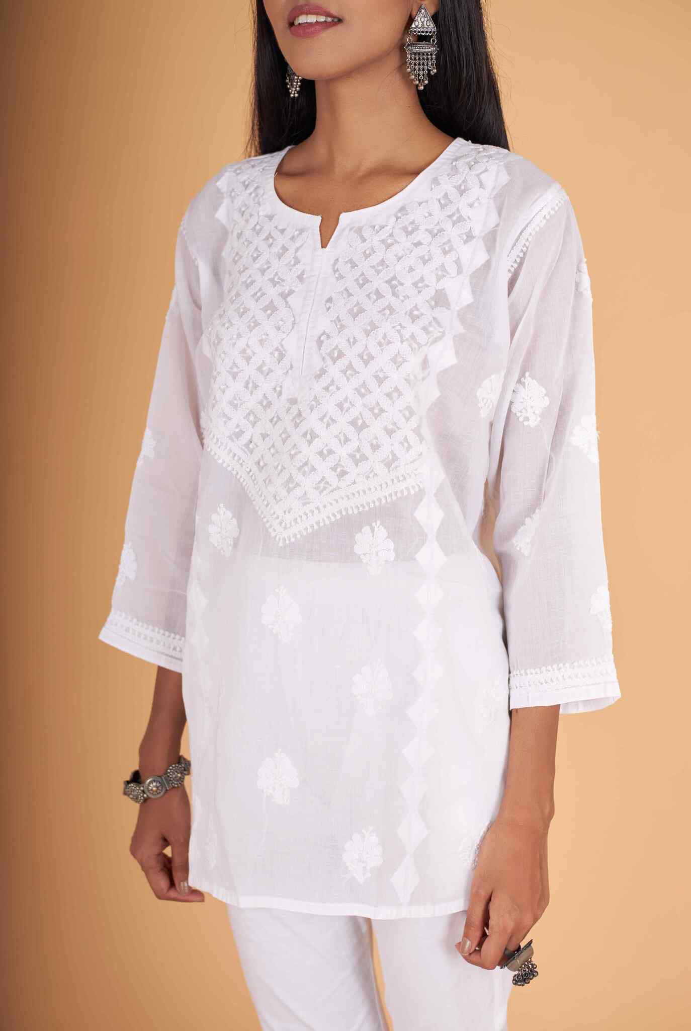 Arsh Handcrafted White Pure Cotton Chikan Short Top - arshchikan