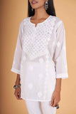 Arsh Handcrafted White Pure Cotton Chikan Short Top - arshchikan