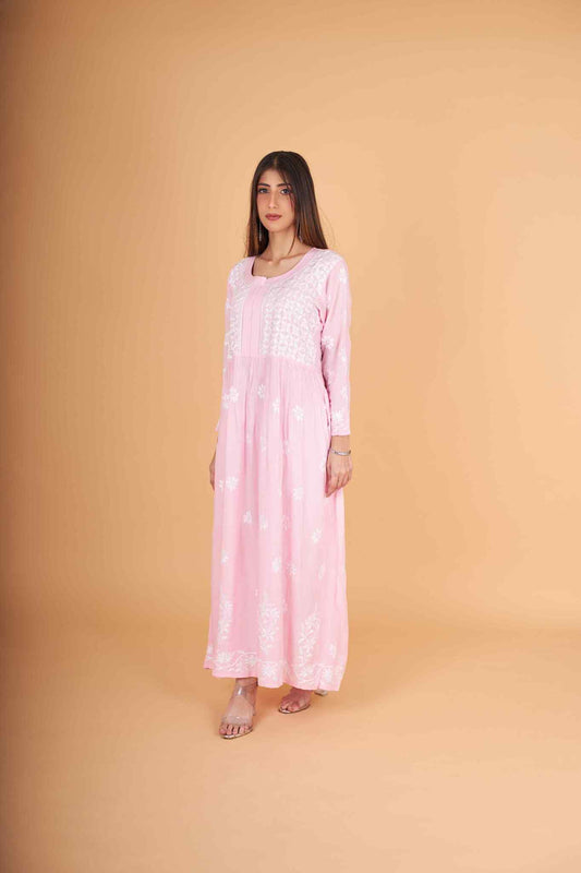Arsh Handcrafted Pink Modal Chikankari Gown Dress - arshchikan