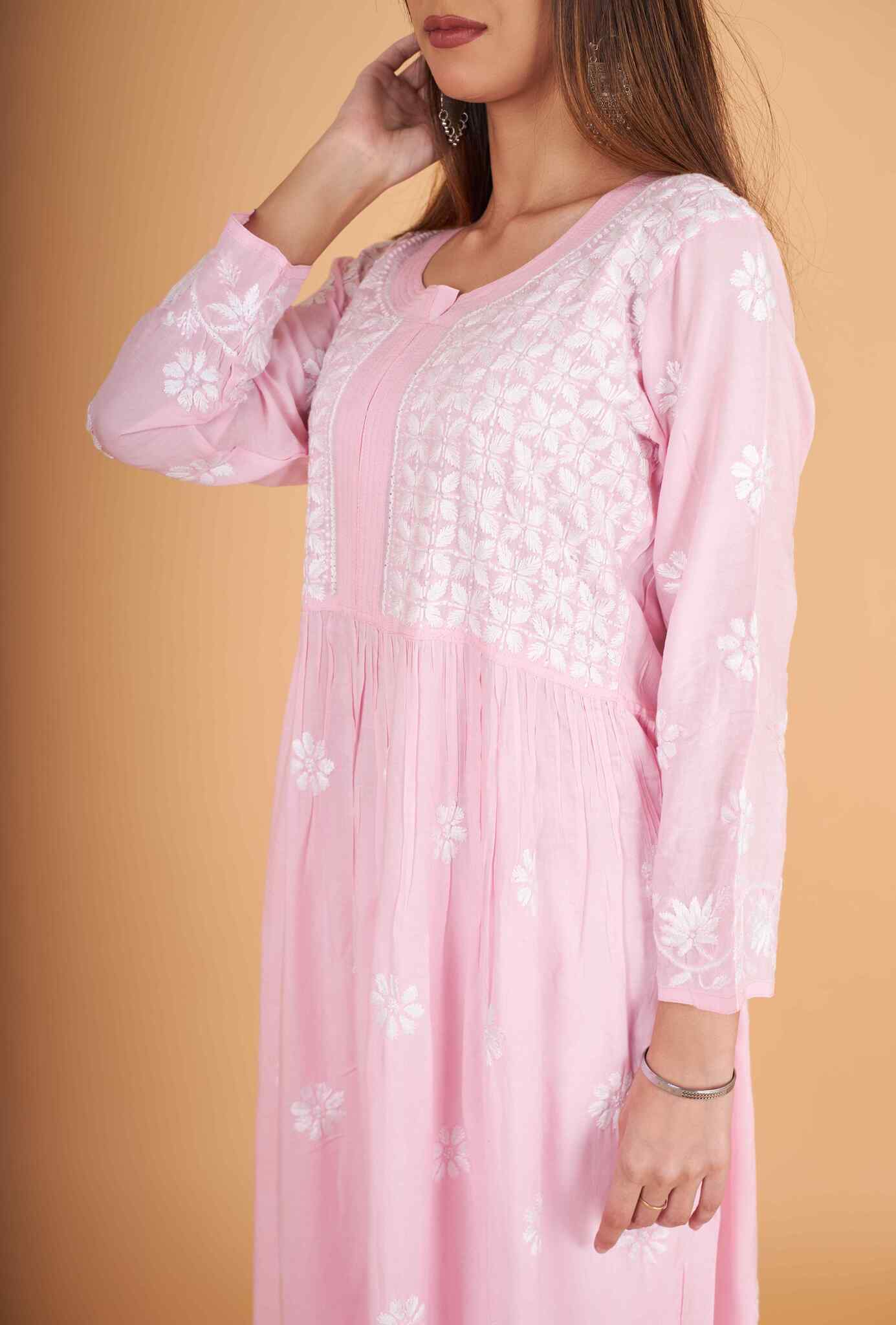 Arsh Handcrafted Pink Modal Chikankari Gown Dress - arshchikan
