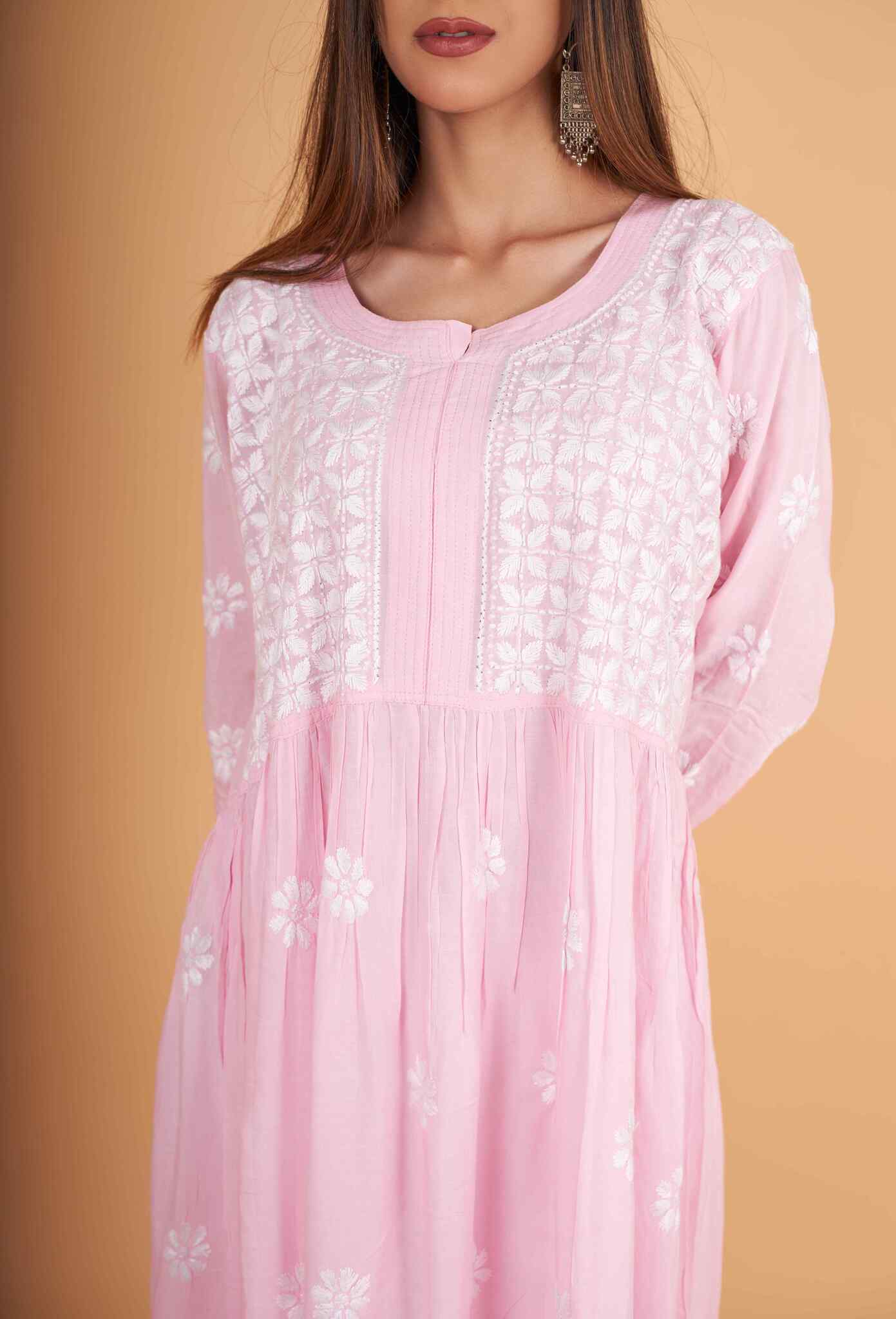 Arsh Handcrafted Pink Modal Chikankari Gown Dress - arshchikan