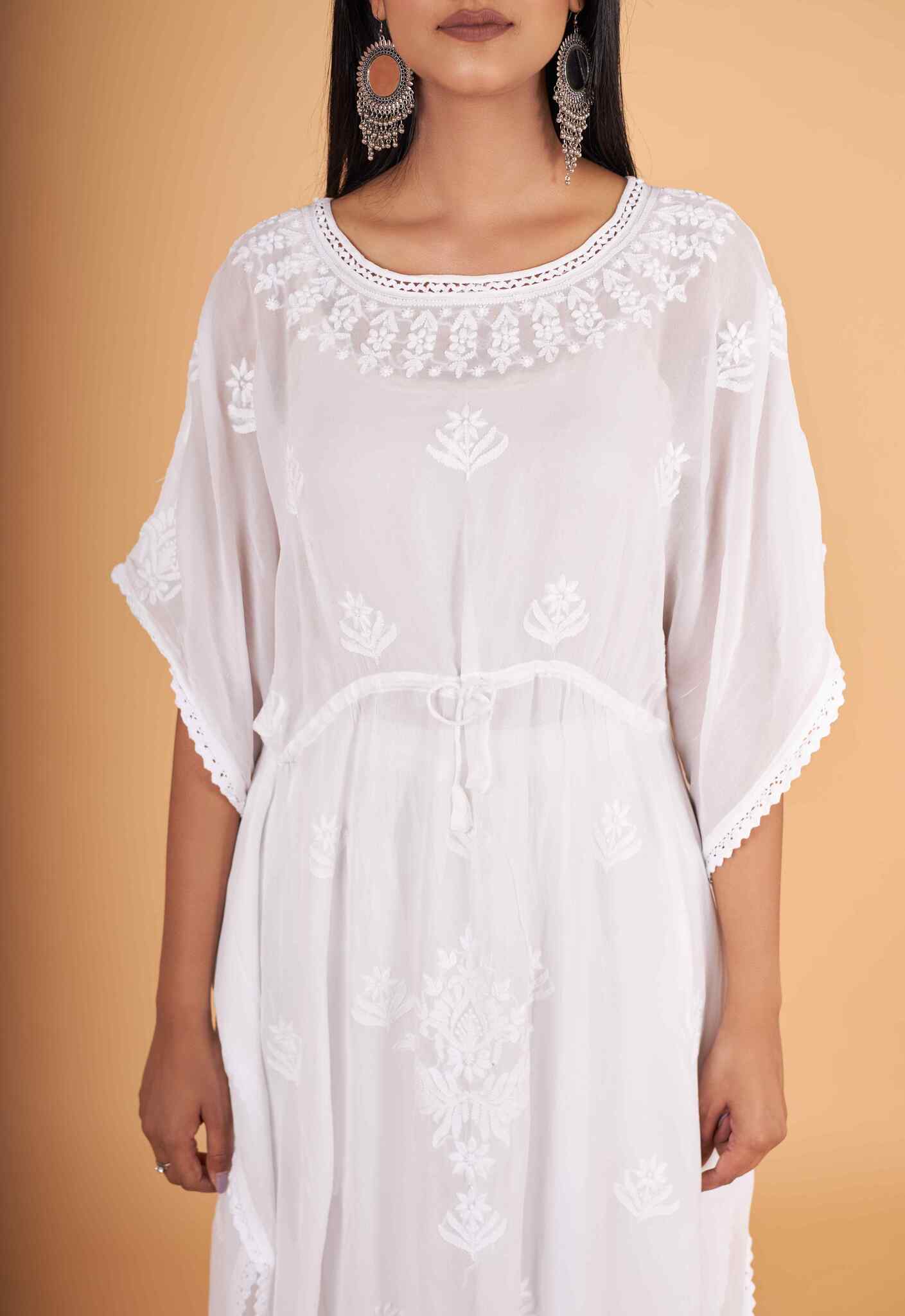 Arsh Handcrafted White Pure Viscose Georgette Kaftaan Dress - arshchikan