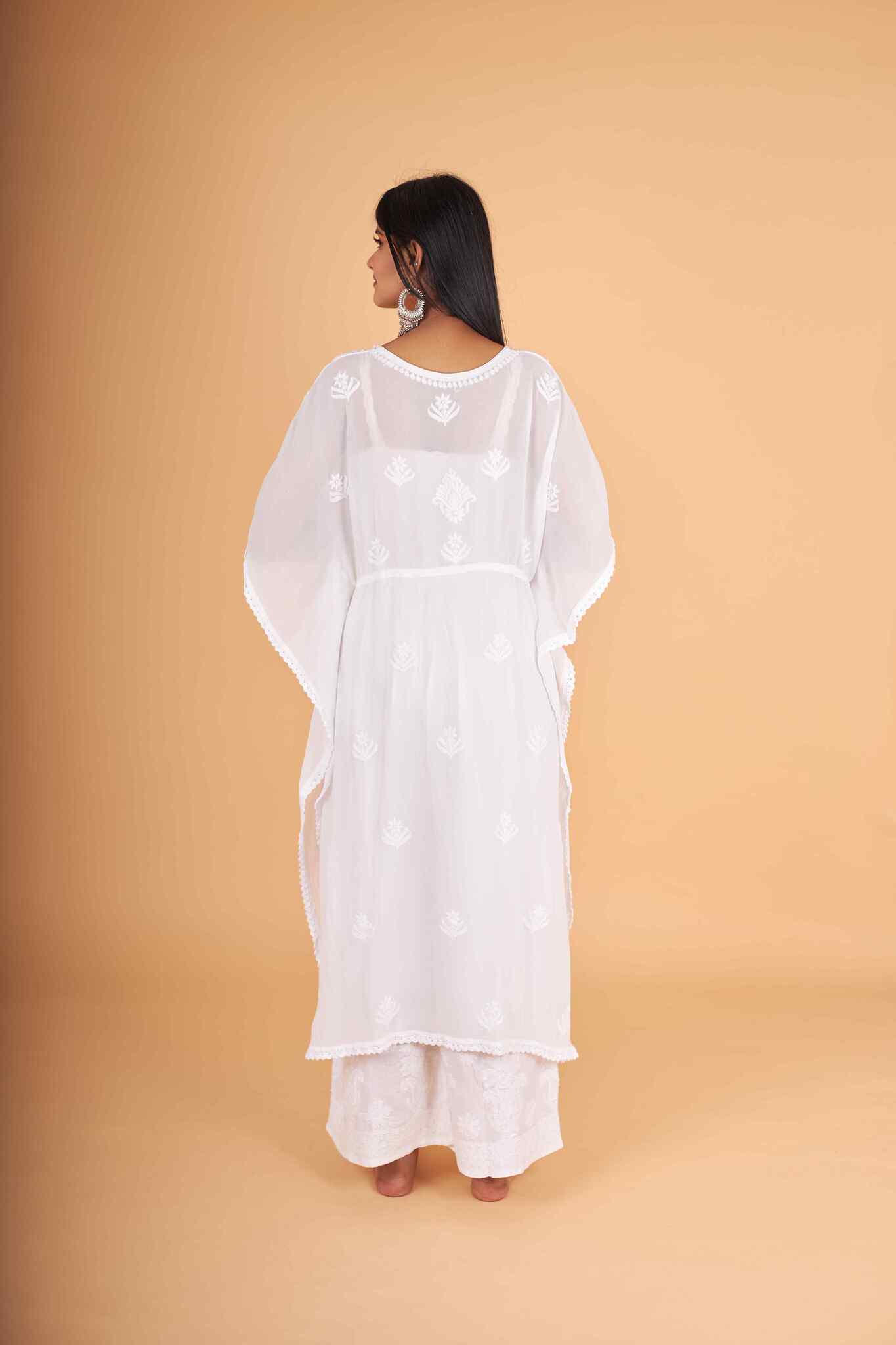 Arsh Handcrafted White Pure Viscose Georgette Kaftaan Dress - arshchikan