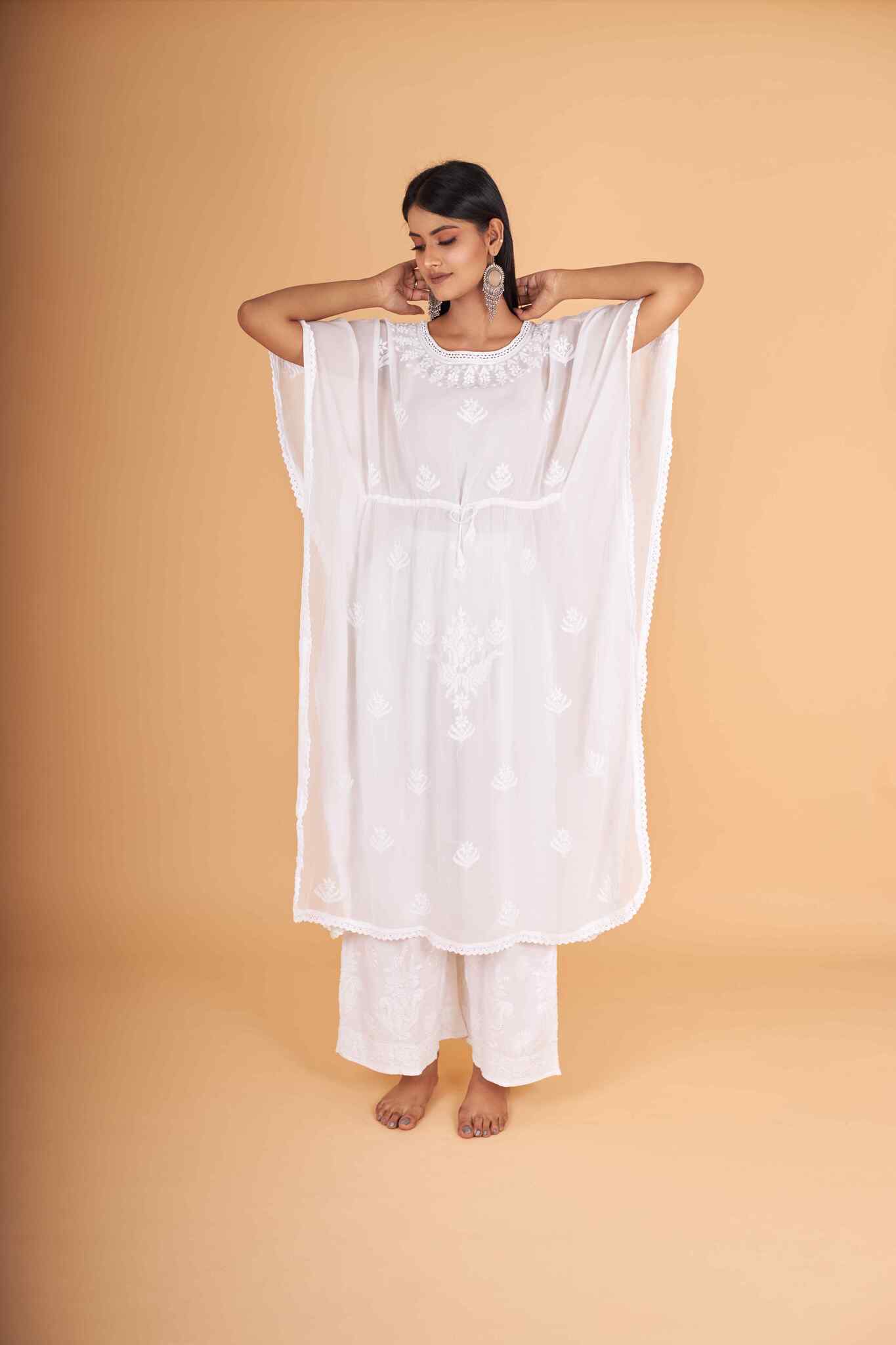 Arsh Handcrafted White Pure Viscose Georgette Kaftaan Dress - arshchikan