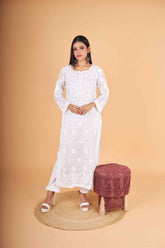 Arsh Handcrafted White Viscose Georgette Dyeable Muqaish Embellished Chikan Kurti - arshchikan