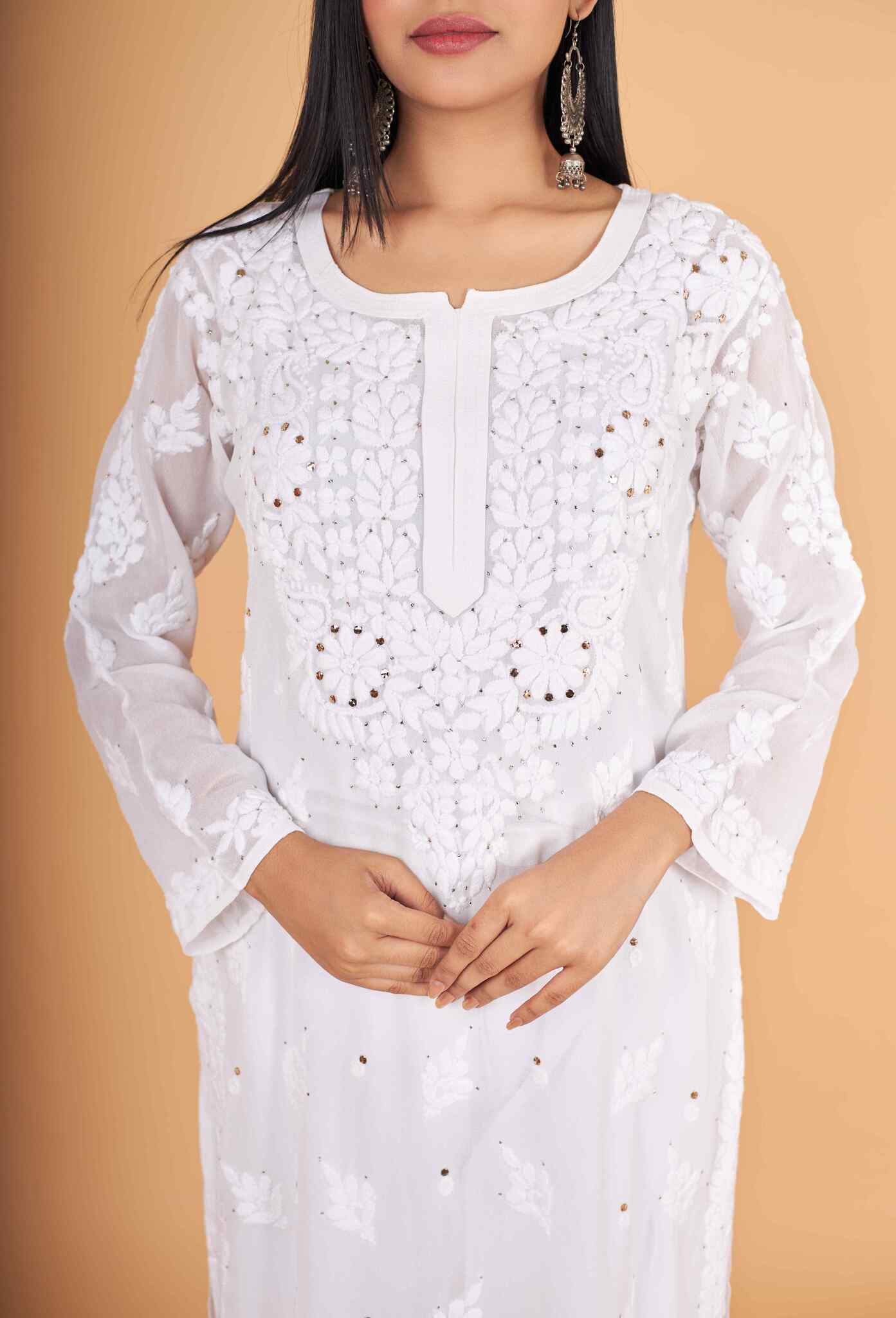 Arsh Handcrafted White Viscose Georgette Dyeable Muqaish Embellished Chikan Kurti - arshchikan