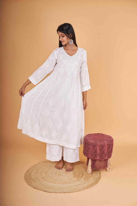 Arsh Handcrafted Kalidar White Pure Modal Gown Dress - arshchikan