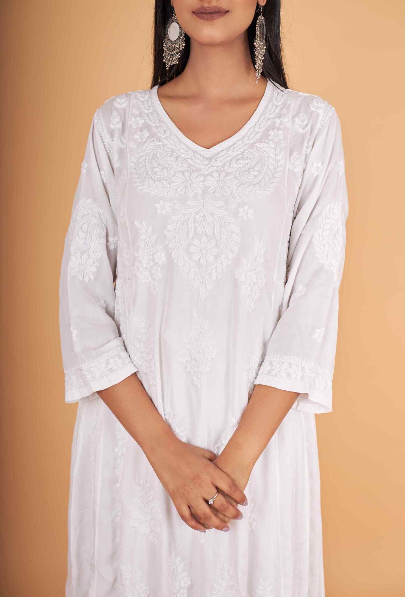 Arsh Handcrafted Kalidar White Pure Modal Gown Dress - arshchikan
