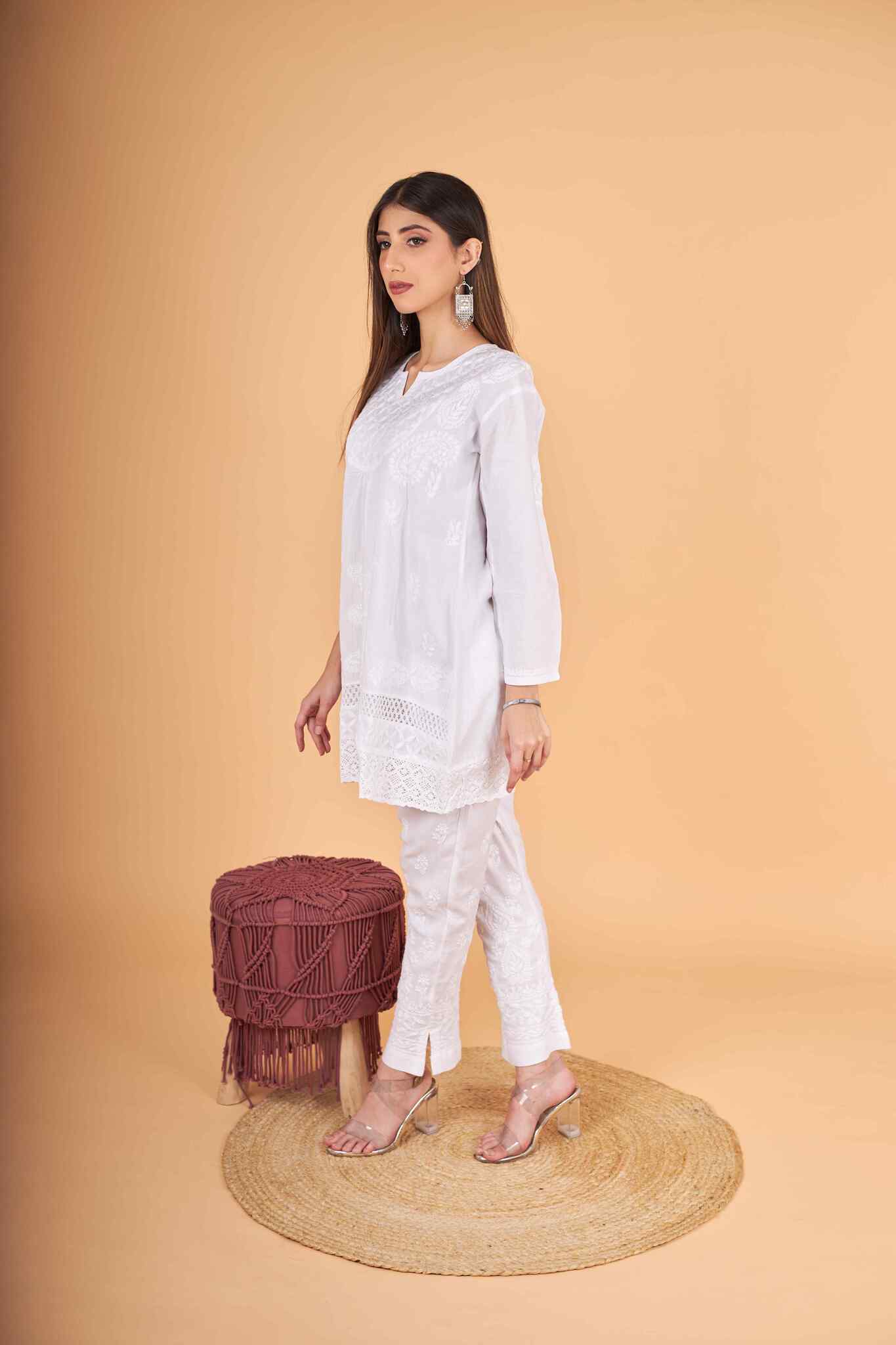 Arsh Handcrafted Pure Cotton Yog Neck with Daaman Lace Chikan Top - arshchikan