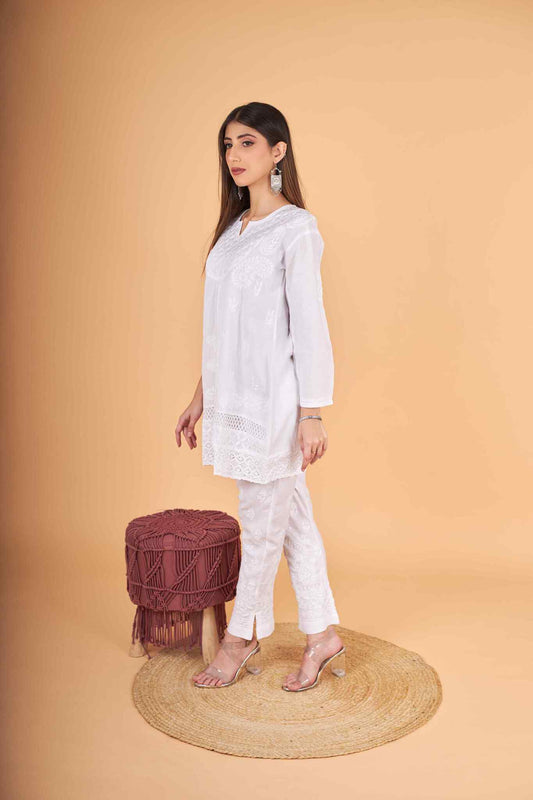 Arsh Handcrafted Pure Cotton Yog Neck with Daaman Lace Chikan Top - arshchikan