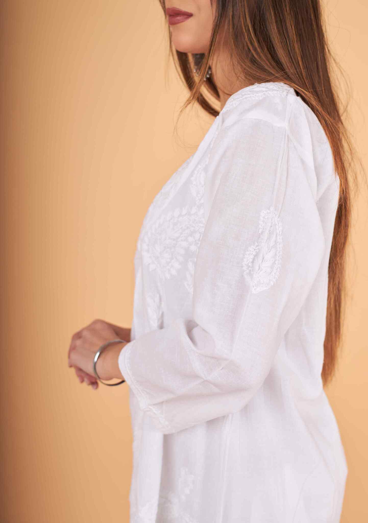 Arsh Handcrafted Pure Cotton Yog Neck with Daaman Lace Chikan Top - arshchikan