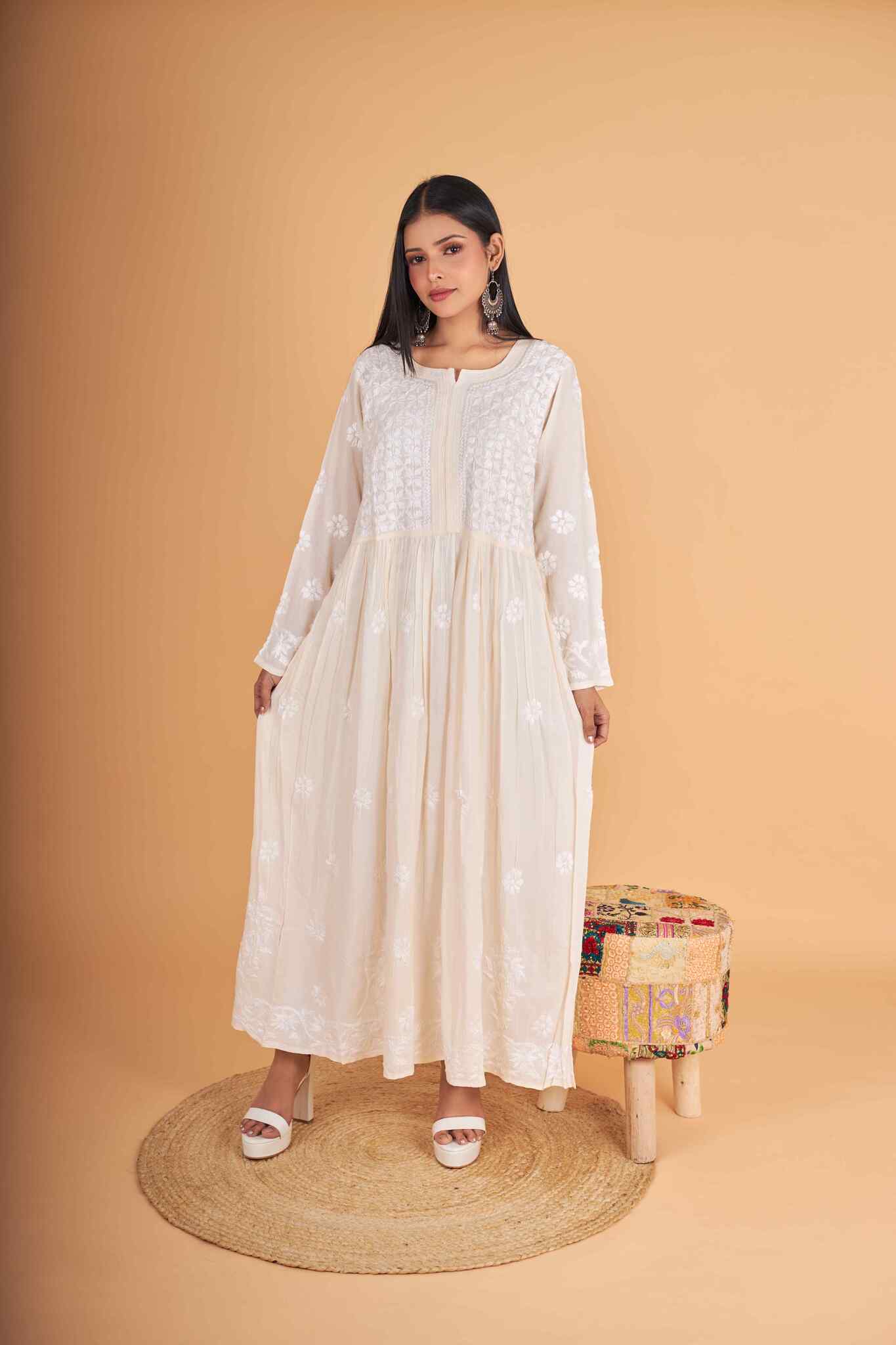 Arsh Handcrafted Cream Modal Chikankari Gown Dress - arshchikan