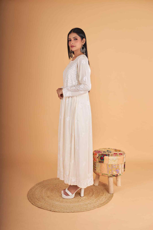 Arsh Handcrafted Cream Modal Chikankari Gown Dress - arshchikan