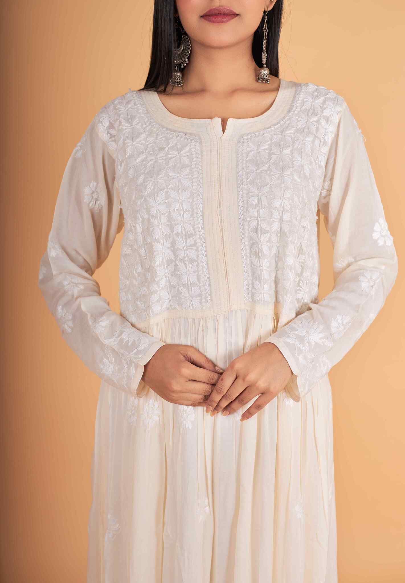 Arsh Handcrafted Cream Modal Chikankari Gown Dress - arshchikan