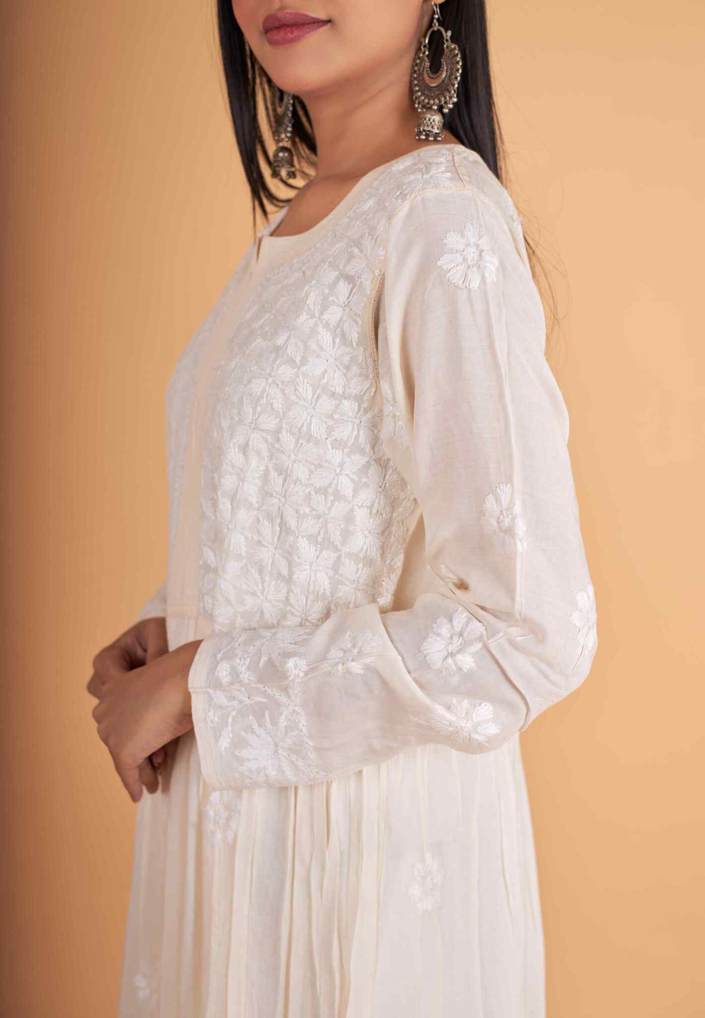 Arsh Handcrafted Cream Modal Chikankari Gown Dress - arshchikan