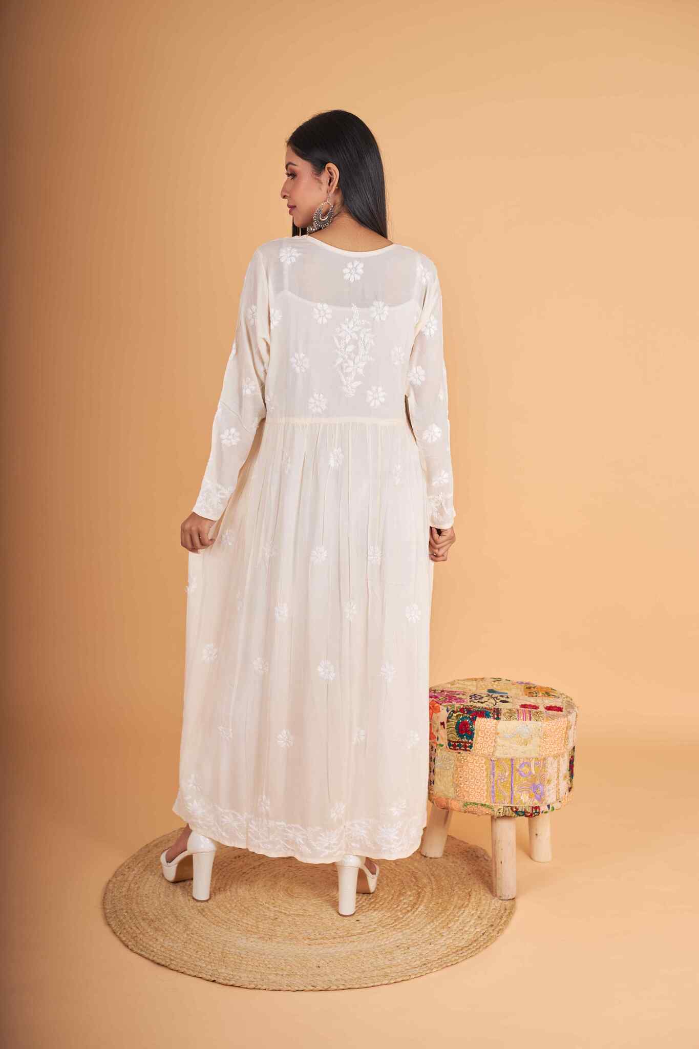Arsh Handcrafted Cream Modal Chikankari Gown Dress - arshchikan