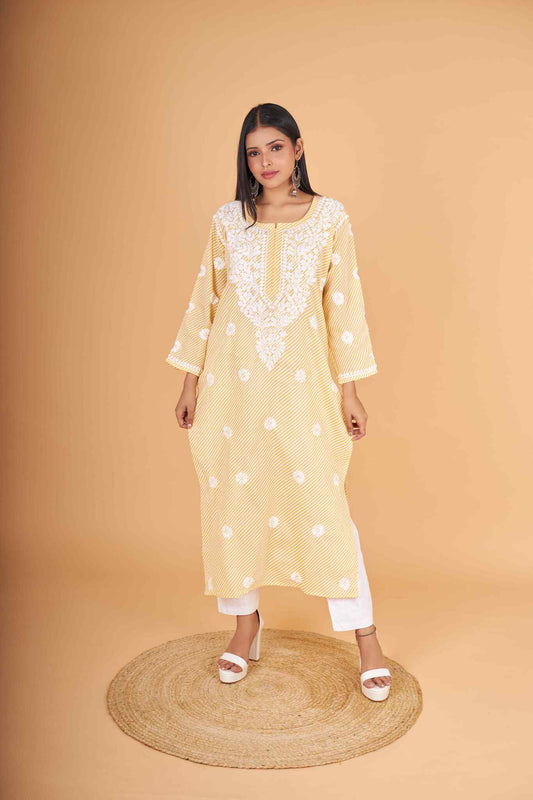 Arsh Handcrafted Leheriya Print Pure Cotton Chikan Kurti - arshchikan