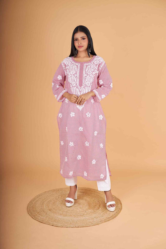 Arsh Handcrafted Leheriya Print Pure Cotton Chikan Kurti - arshchikan