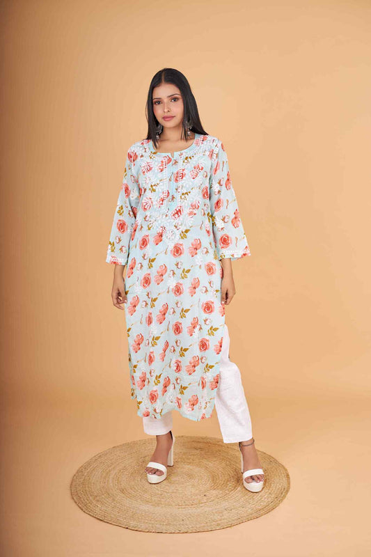 Arsh Handcrafted MulMul Cotton Printed Chikankari Kurti - arshchikan