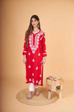 Arsh Handcrafted Red Salab Cotton Chikankari Kurti - arshchikan