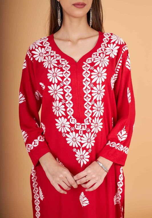 Arsh Handcrafted Red Salab Cotton Chikankari Kurti - arshchikan