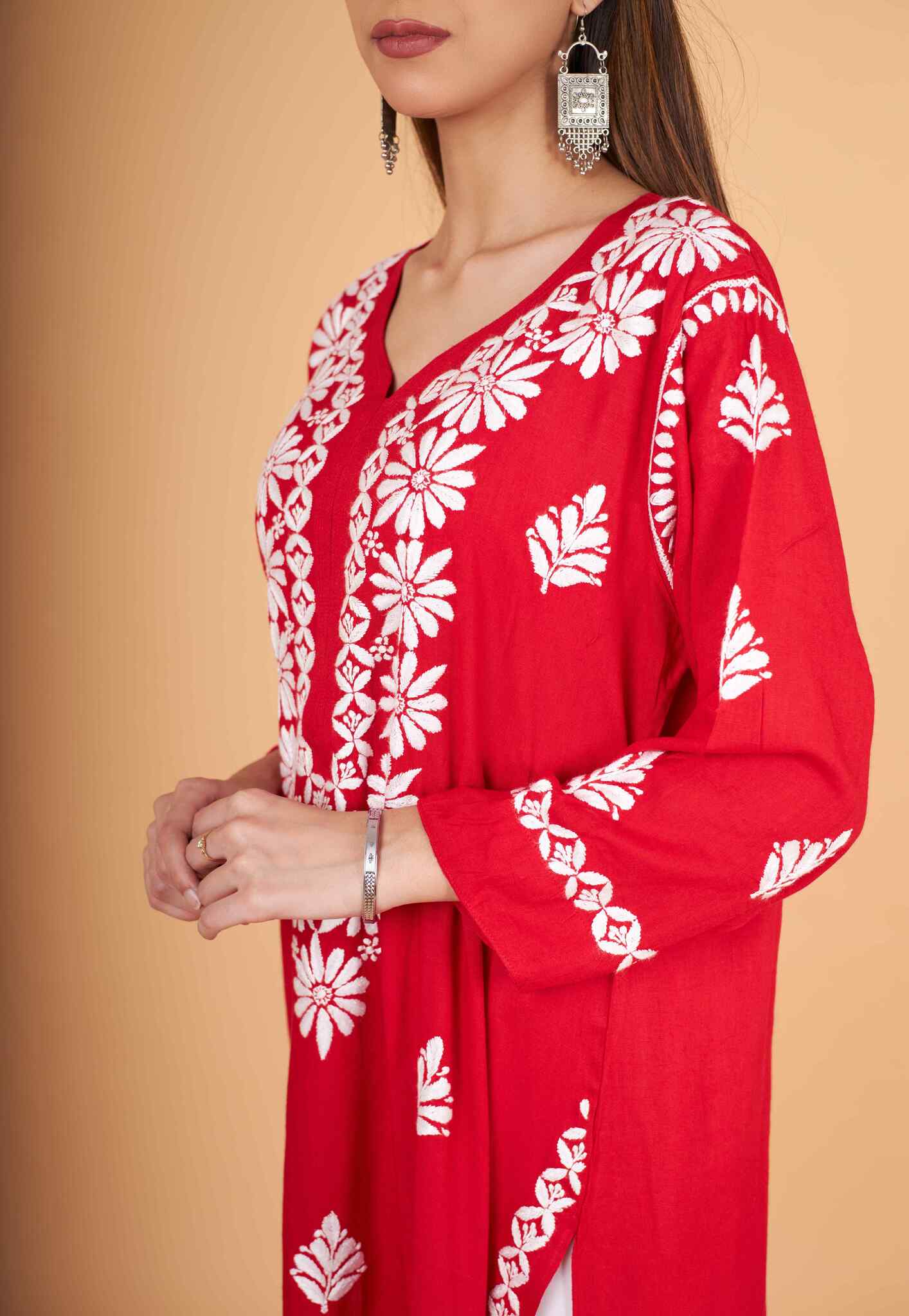 Arsh Handcrafted Red Salab Cotton Chikankari Kurti - arshchikan