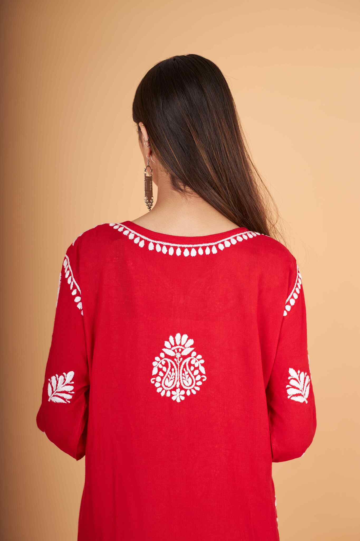 Arsh Handcrafted Red Salab Cotton Chikankari Kurti - arshchikan