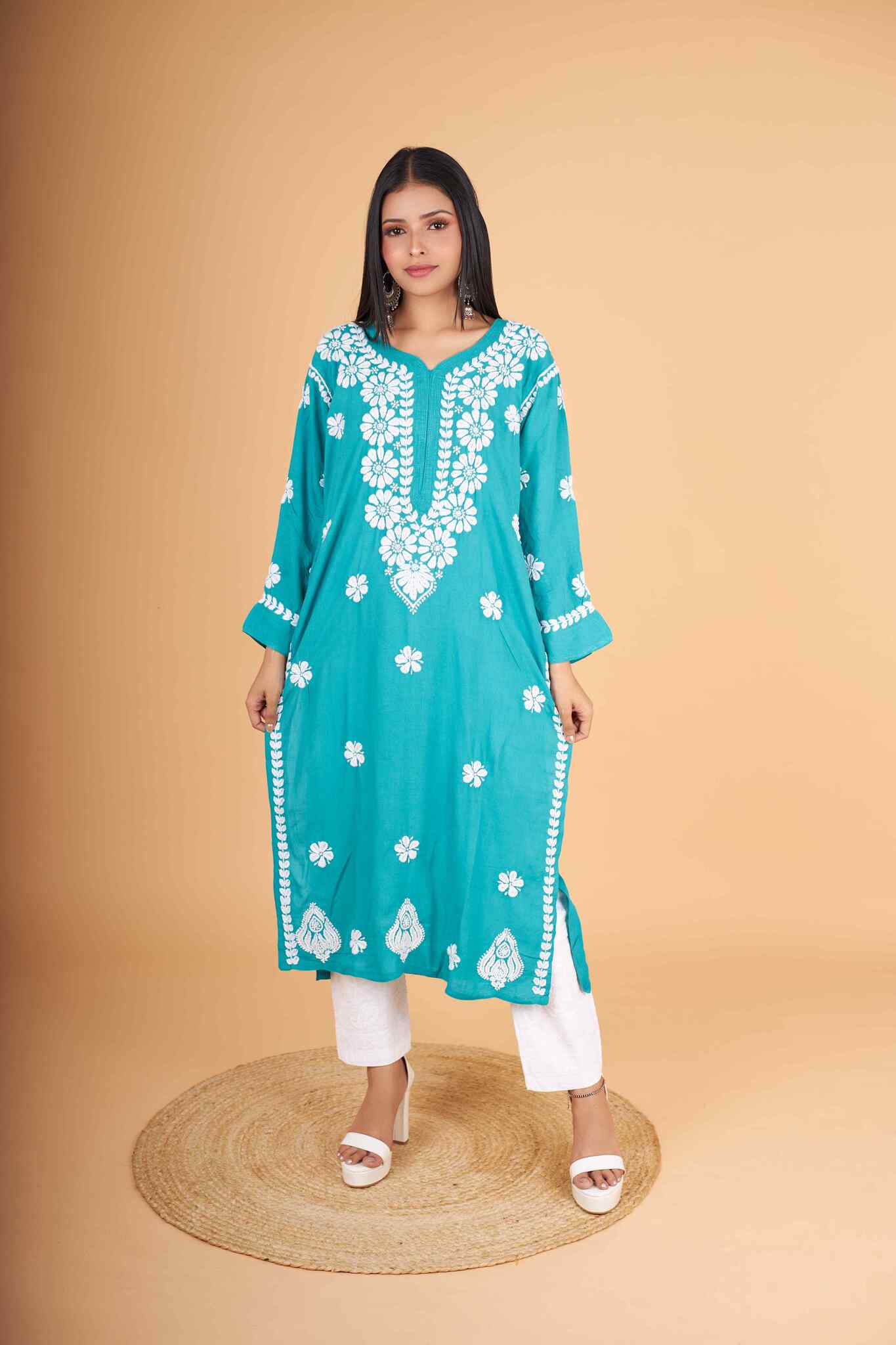 Arsh Handcrafted Peacock Blue Salab Cotton Chikankari Kurti - arshchikan