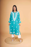Arsh Handcrafted Peacock Blue Salab Cotton Chikankari Kurti - arshchikan