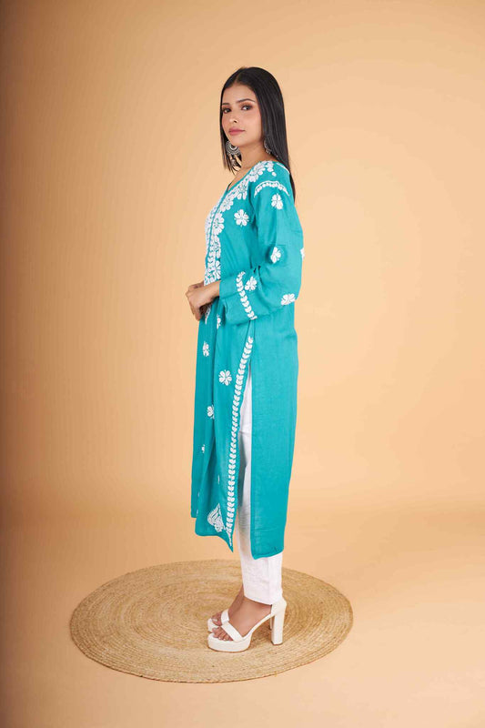 Arsh Handcrafted Peacock Blue Salab Cotton Chikankari Kurti - arshchikan